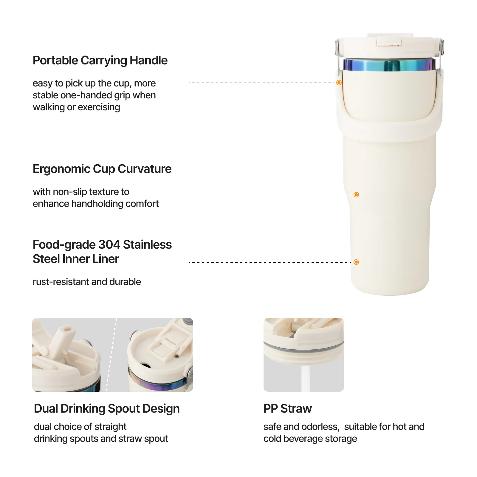 Cream White to Iridescent Stainless Steel Tumbler with Handle and Straw (0,9 L) - Image 4